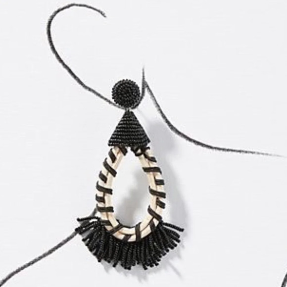 Anthropologie Larsa Black Beaded Tassel Drop Earrings - Picture 2 of 7